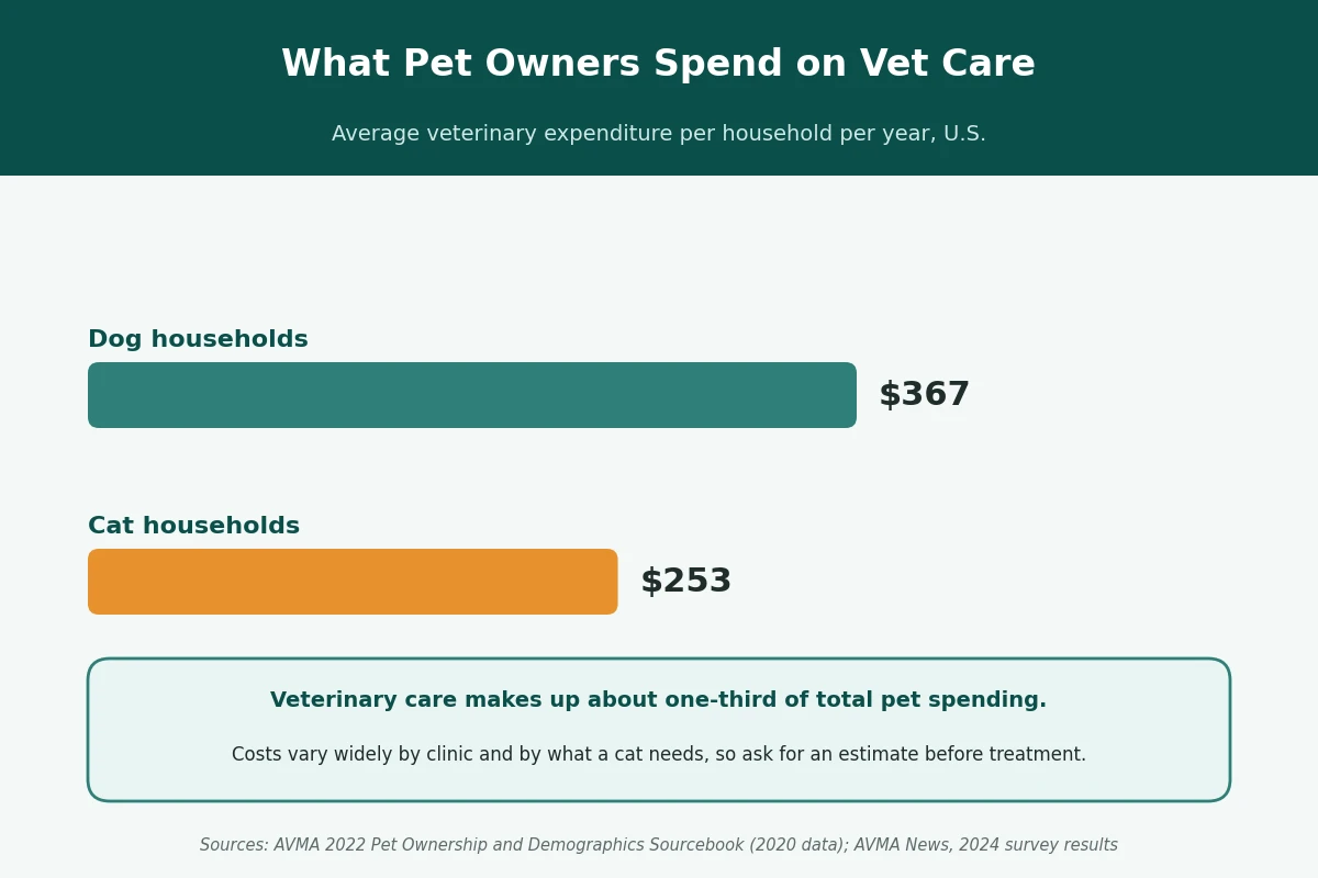 Average yearly vet spending for cat and dog households Bar chart of average yearly veterinary spending per household: $367 for dog households and $253 for cat households