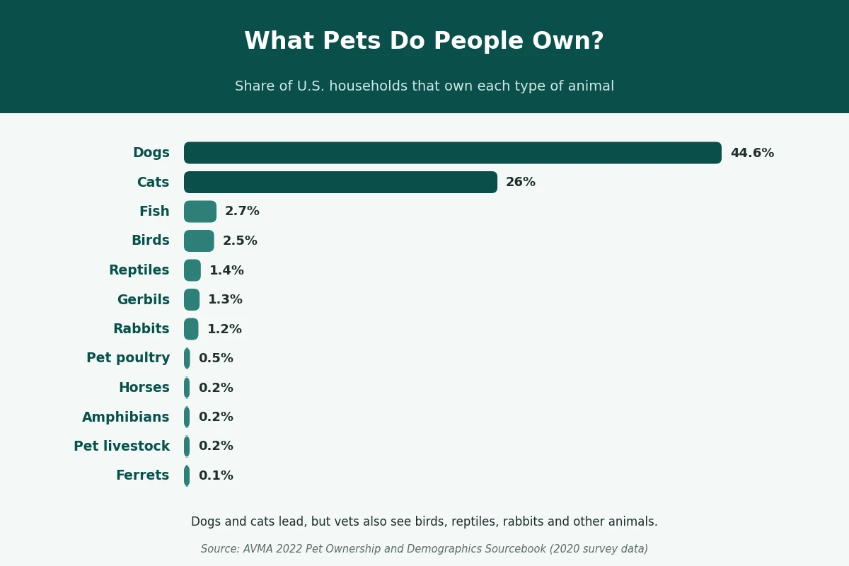 Share of U.S. households that own each type of pet Bar chart of the share of U.S. households that own dogs, cats, fish, birds, reptiles, rabbits, horses, and other animals